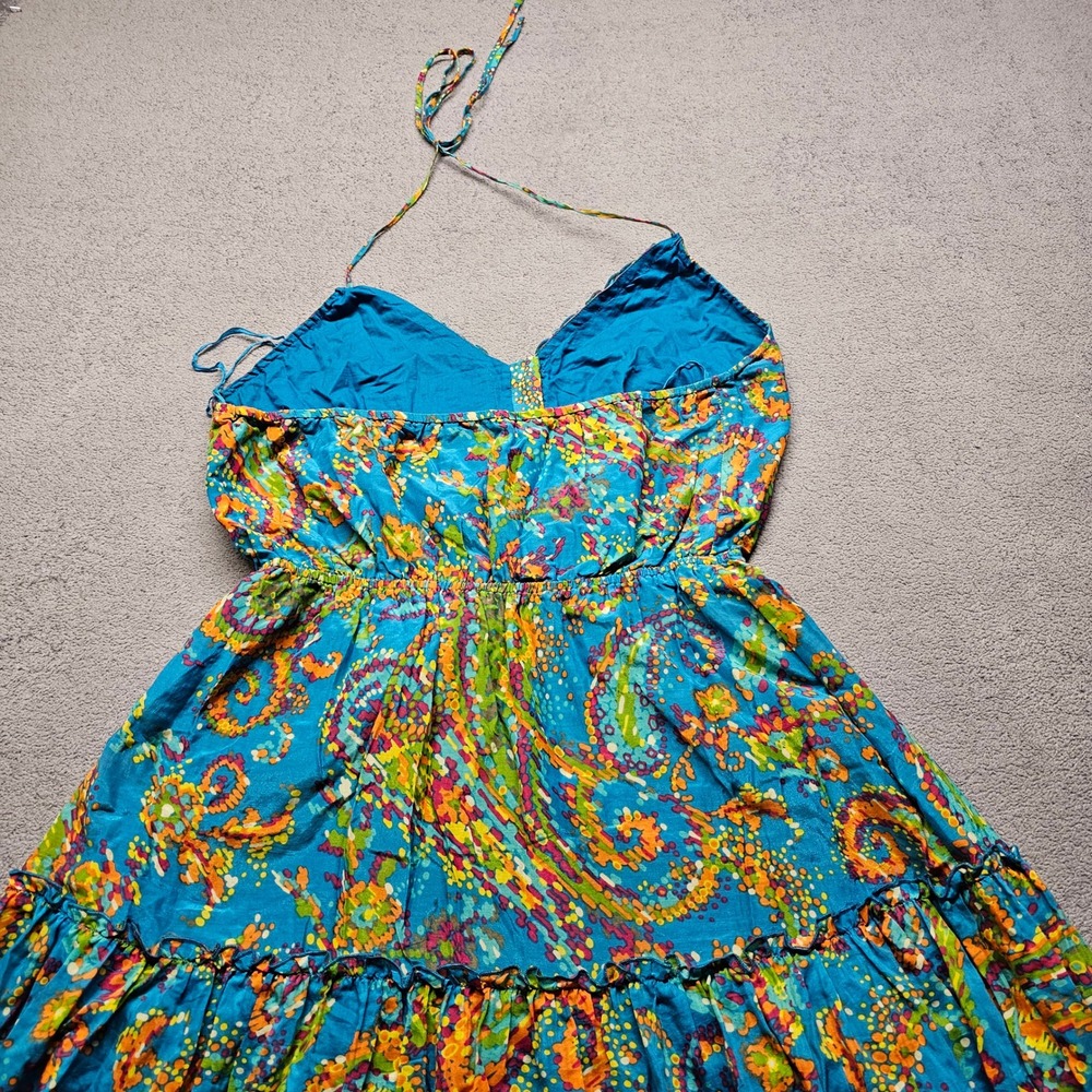 Nine West Dress Blue Paisley Silk Blend Halter Maxi Dress 12 Boho Tiered Ruffle - Picture 9 of 11